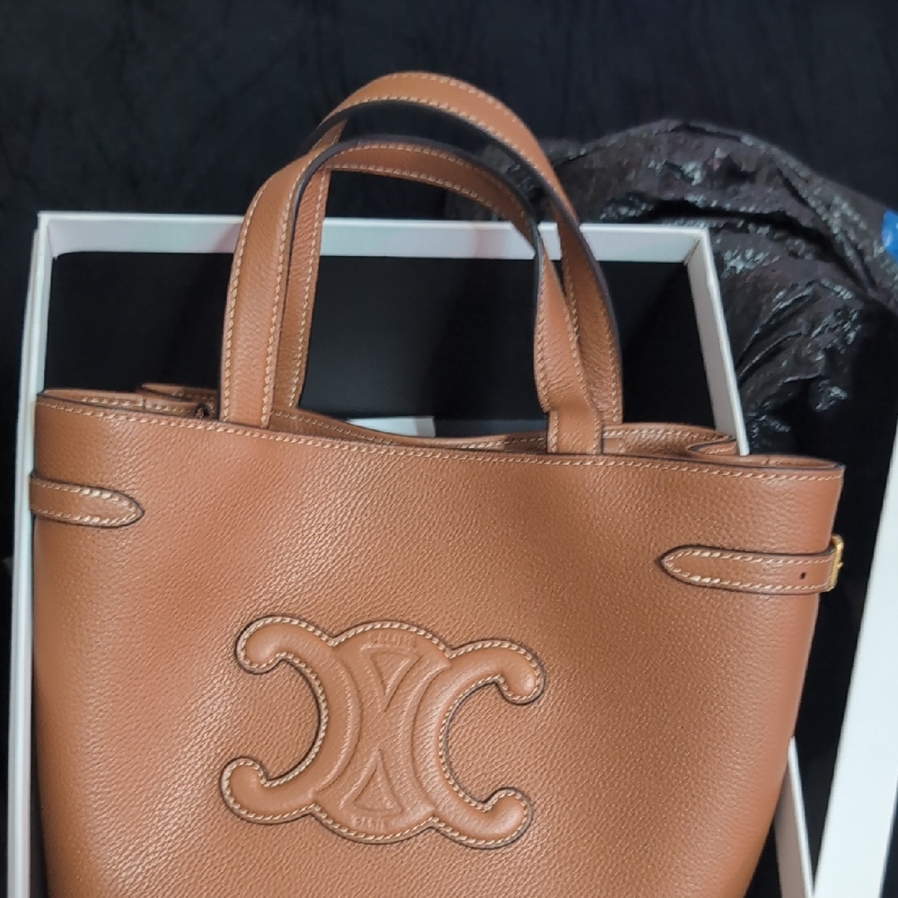 Cognac Leather Tote Bag with Embossed Logo